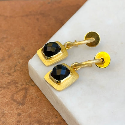 Yellow Gold-Plated Square Checkerboard Black Stone Charm Dangle Hoop Earrings
