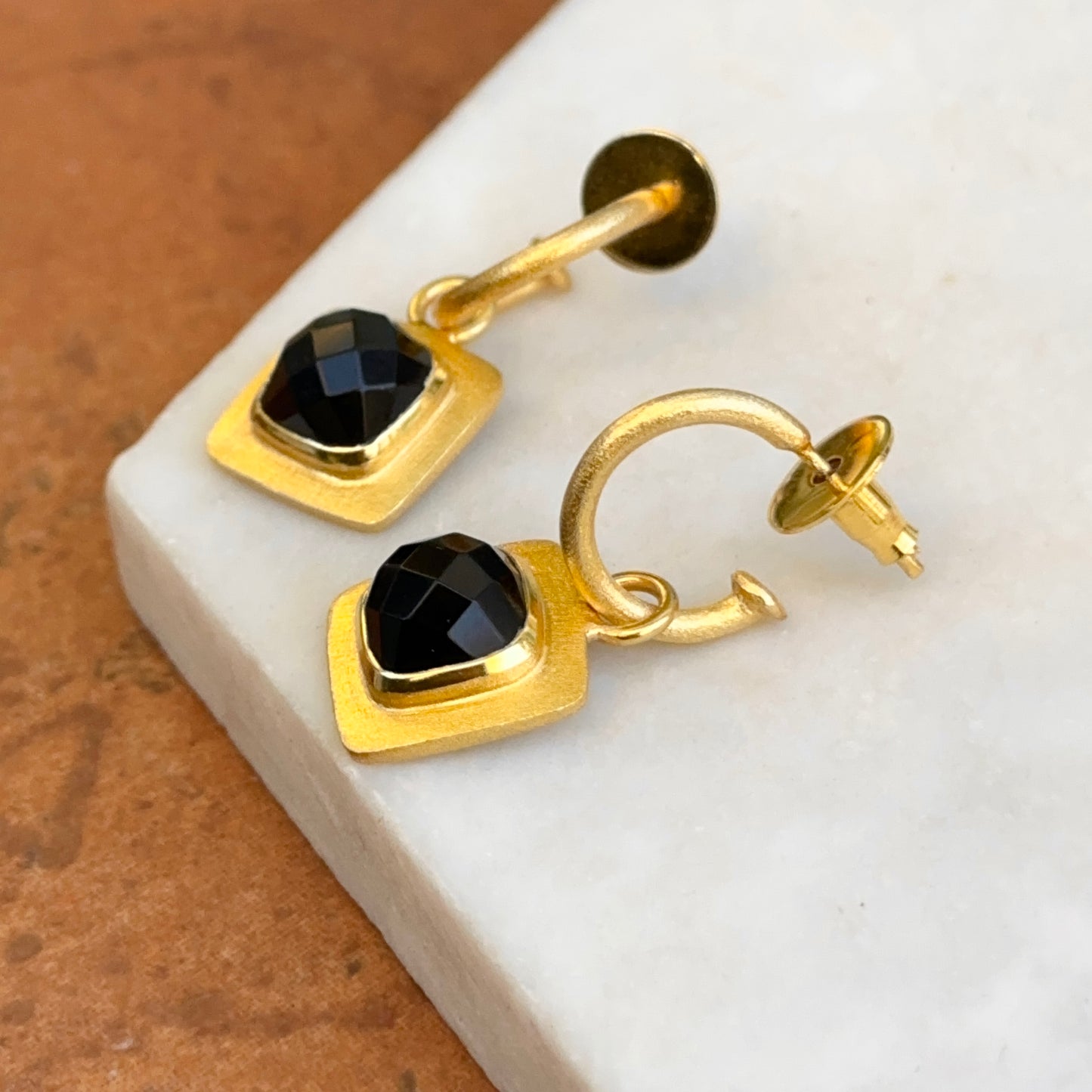 Yellow Gold-Plated Square Checkerboard Black Stone Charm Dangle Hoop Earrings