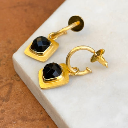 Yellow Gold-Plated Square Checkerboard Black Stone Charm Dangle Hoop Earrings