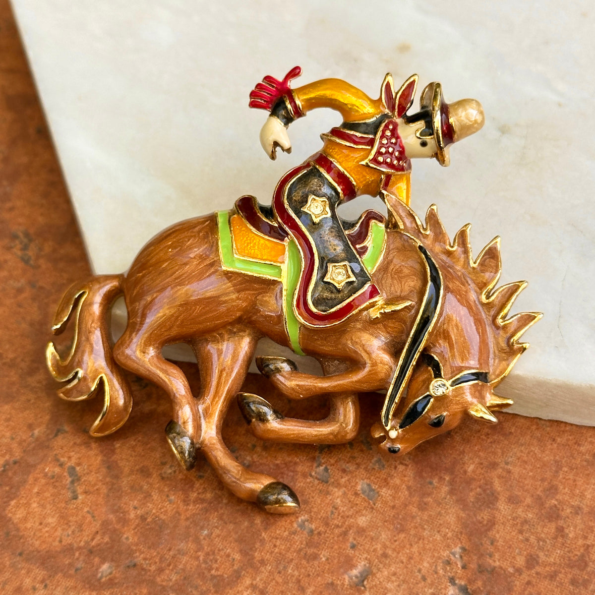 Estate Gold-Tone Bob Mackie Enameled Bucking Bronco Brooch