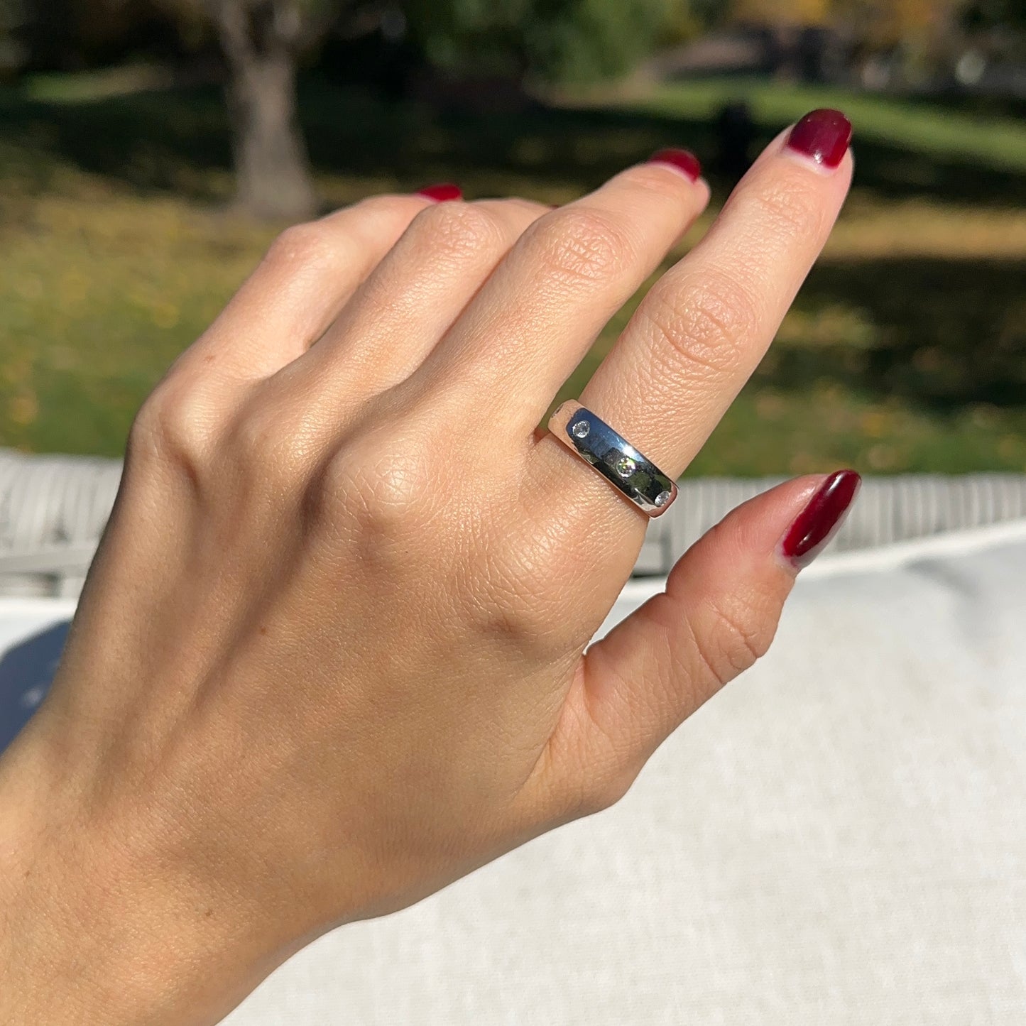 Estate 14KT White Gold Gypsy Set Diamond Beveled Edge Eternity Band Ring