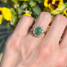 Load image into Gallery viewer, Estate 14KT Yellow Gold Oval 1.30 CT Emerald + Halo Diamond Ring