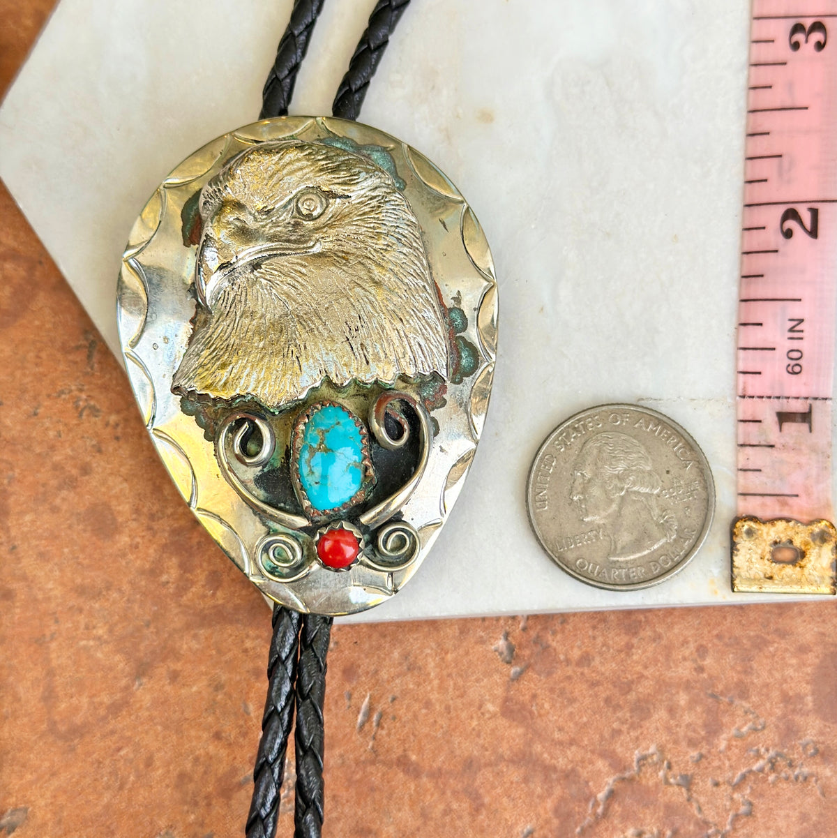 Estate Silver Turquoise + Coral Eagle Bolo Tie