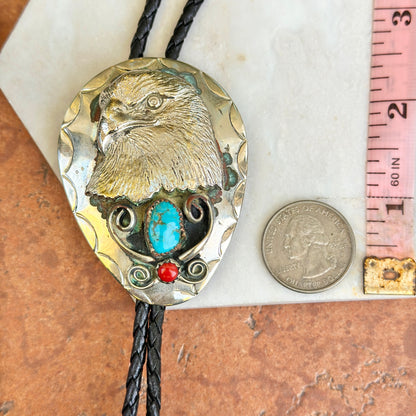 Estate Silver Turquoise + Coral Eagle Bolo Tie