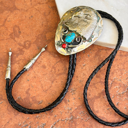 Estate Silver Turquoise + Coral Eagle Bolo Tie