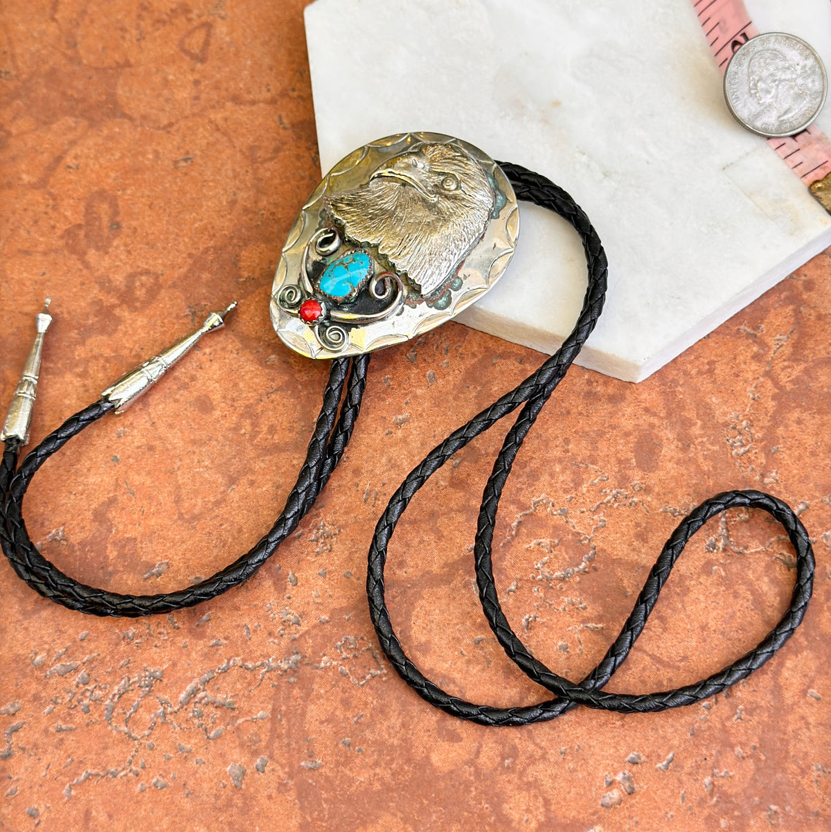 Estate Silver Turquoise + Coral Eagle Bolo Tie