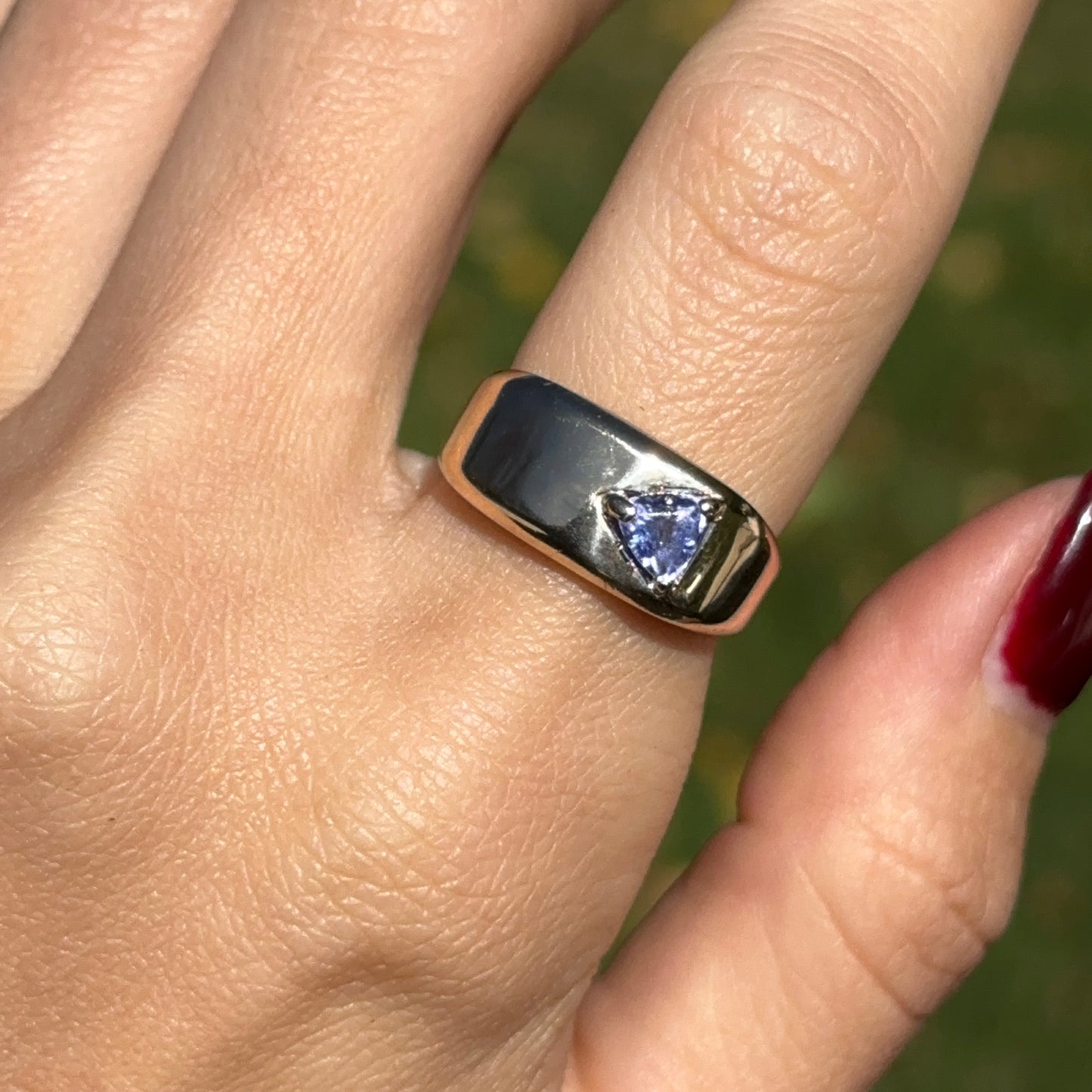 Estate 14KT Yellow Gold Trillion Tanzanite Squared Tapered Band Ring