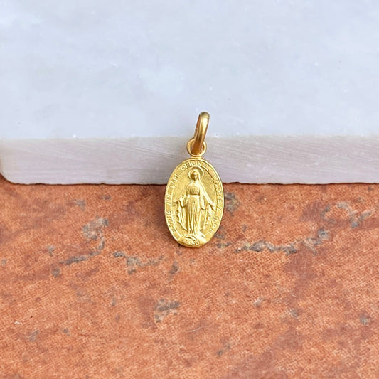18KT Yellow Gold Mini Matte Oval Miraculous Medal Pendant Charm 12mm