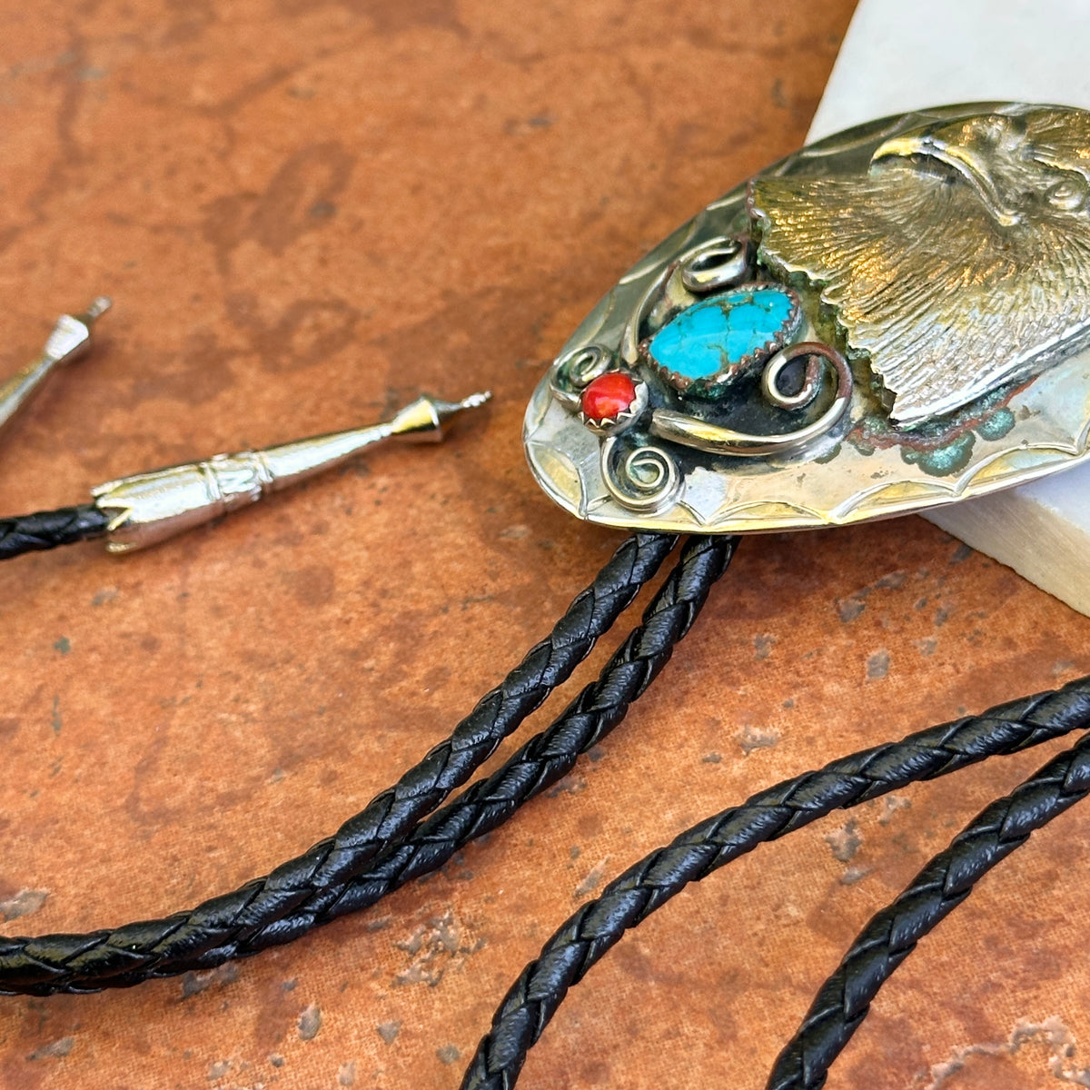 Estate Silver Turquoise + Coral Eagle Bolo Tie