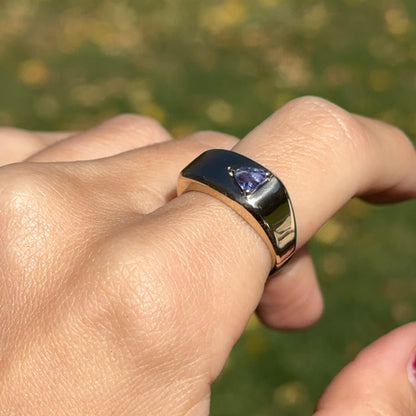 Estate 14KT Yellow Gold Trillion Tanzanite Squared Tapered Band Ring