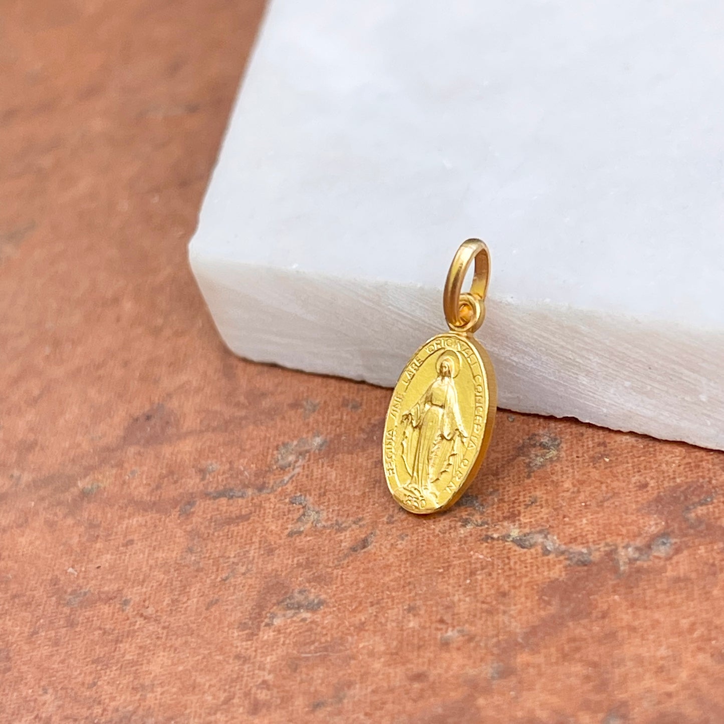 18KT Yellow Gold Mini Matte Oval Miraculous Medal Pendant Charm 12mm