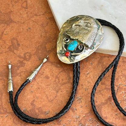 Estate Silver Turquoise + Coral Eagle Bolo Tie