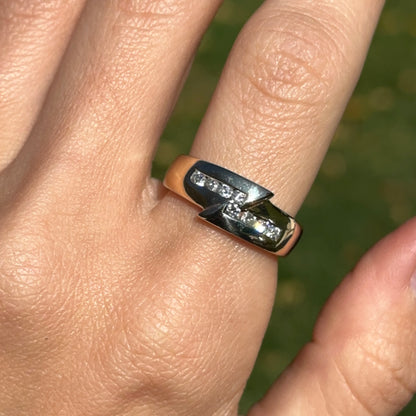 Estate 14KT Yellow Gold Off Set Diamond Channel Set Ring