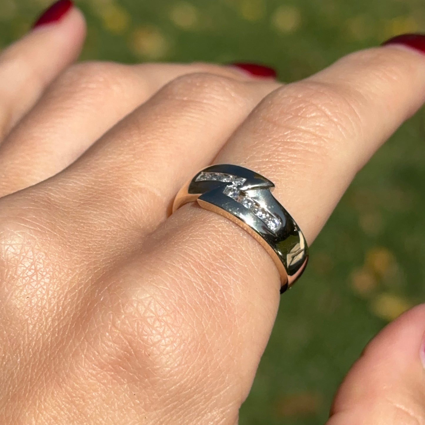 Estate 14KT Yellow Gold Off Set Diamond Channel Set Ring