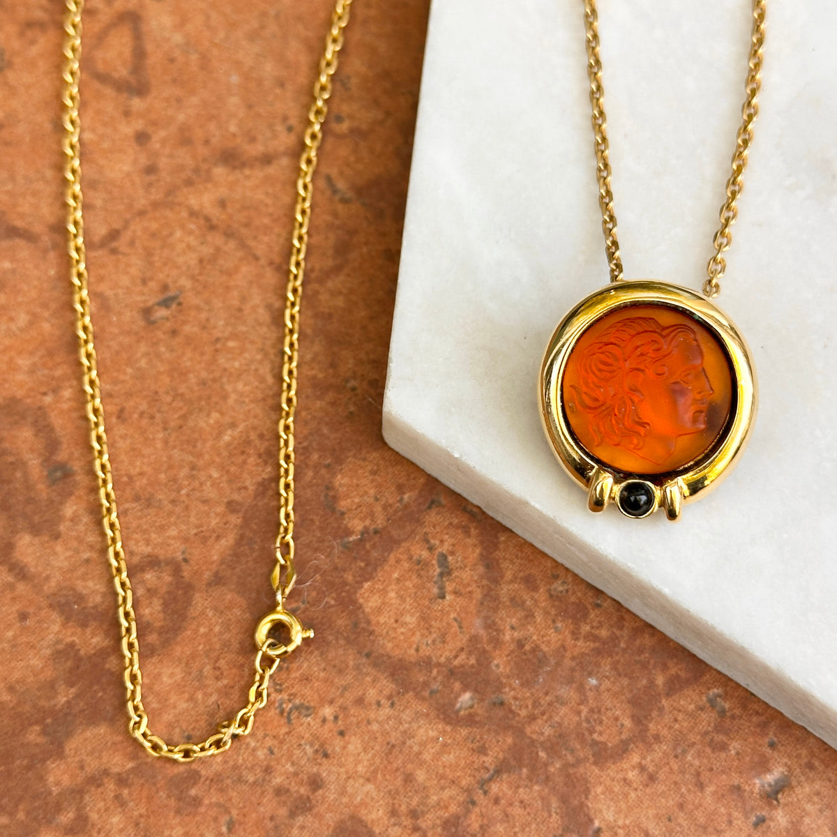 Estate Gold-Tone Orange Intaglio Bezel + Onyx Necklace