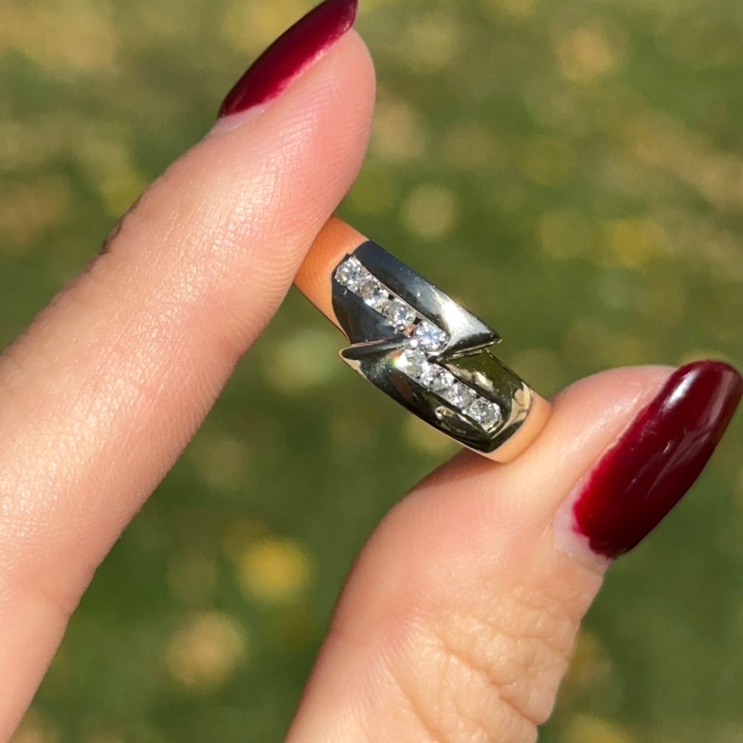 Estate 14KT Yellow Gold Off Set Diamond Channel Set Ring