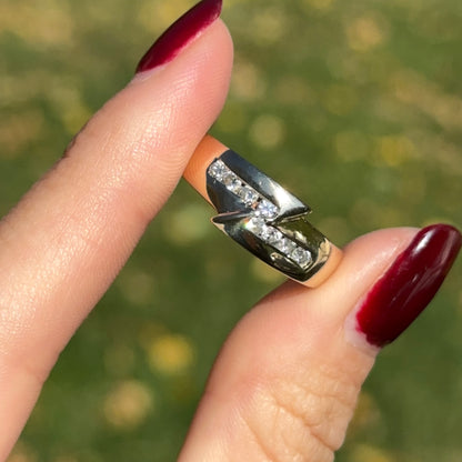 Estate 14KT Yellow Gold Off Set Diamond Channel Set Ring