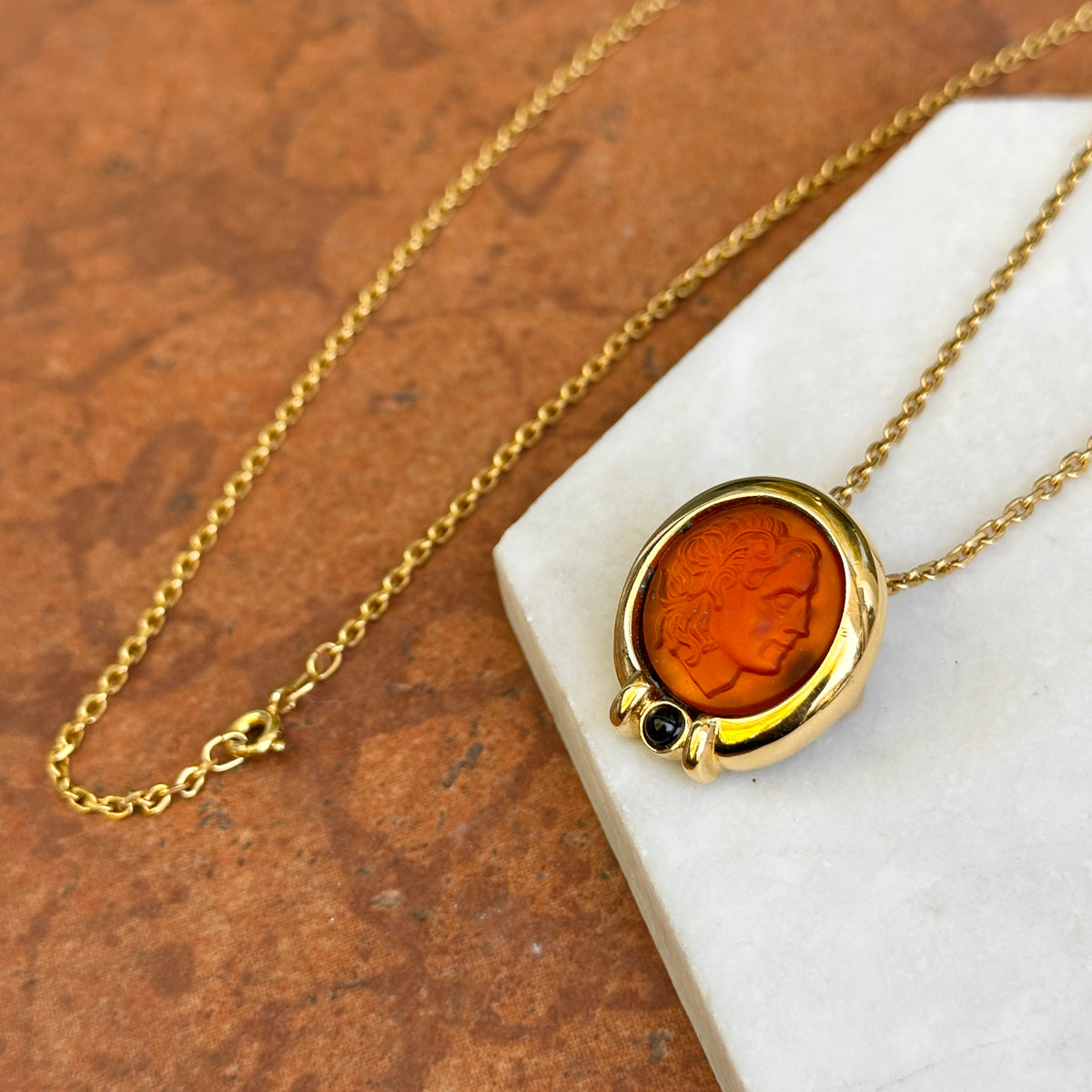 Estate Gold-Tone Orange Intaglio Bezel + Onyx Necklace