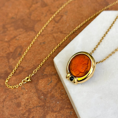 Estate Gold-Tone Orange Intaglio Bezel + Onyx Necklace
