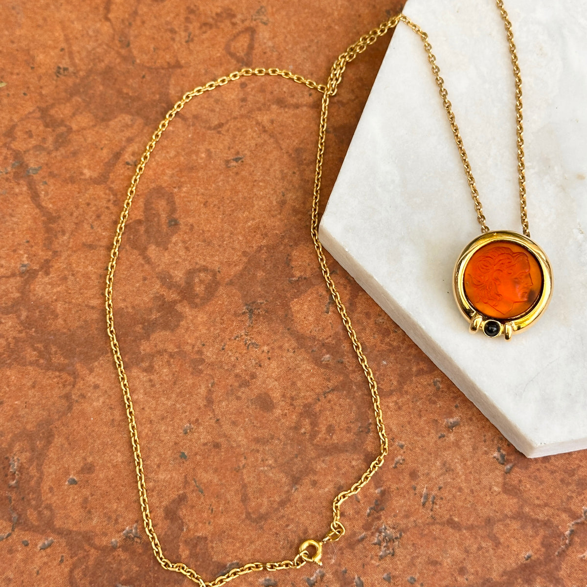 Estate Gold-Tone Orange Intaglio Bezel + Onyx Necklace