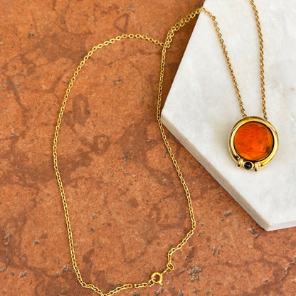 Estate Gold-Tone Orange Intaglio Bezel + Onyx Necklace