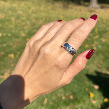 Estate 14KT White Gold Round Diamond + Ice Blue Sapphire Carved Ring