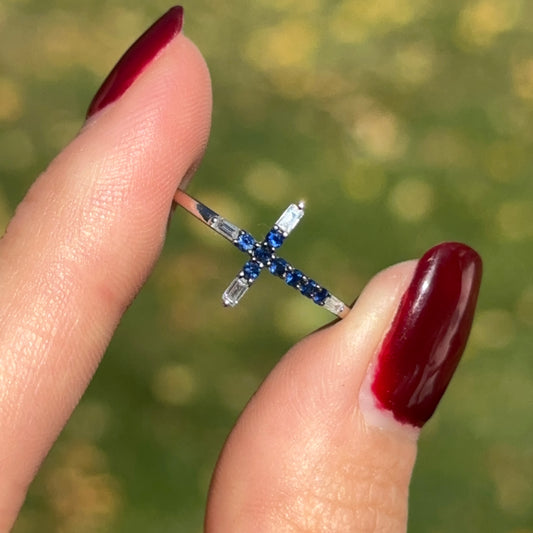 Estate 14K White Gold Round Blue Sapphire + Baguette Diamond Sideways Cross Ring