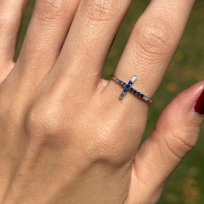 Estate 14K White Gold Round Blue Sapphire + Baguette Diamond Sideways Cross Ring