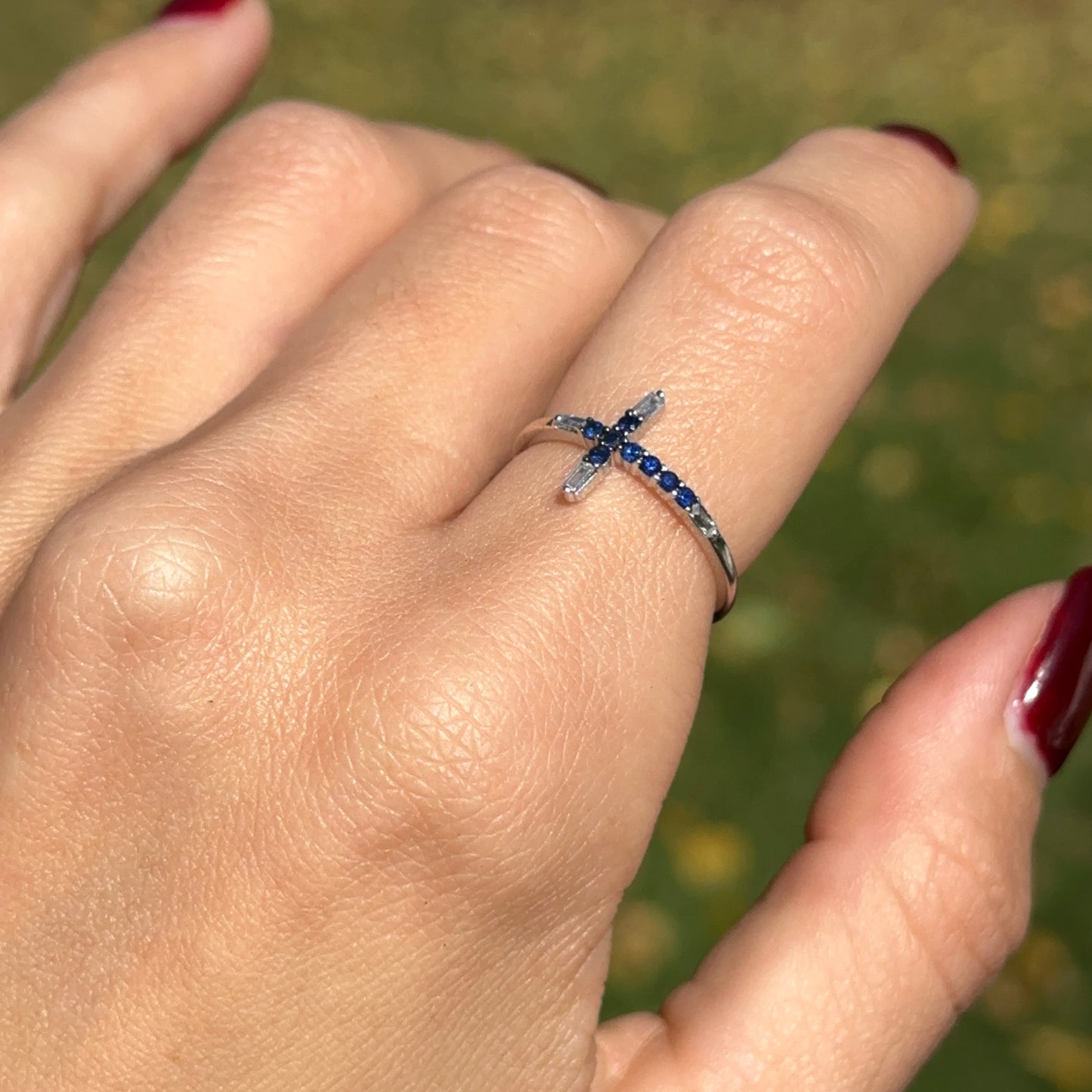 Estate 14K White Gold Round Blue Sapphire + Baguette Diamond Sideways Cross Ring