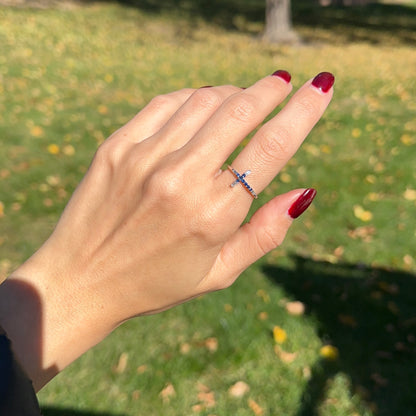 Estate 14K White Gold Round Blue Sapphire + Baguette Diamond Sideways Cross Ring