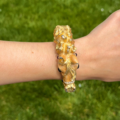 Estate Gold-Tone Enamel Gemstone Horse Head Bangle Bracelet