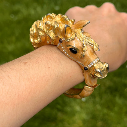 Estate Gold-Tone Enamel Gemstone Horse Head Bangle Bracelet