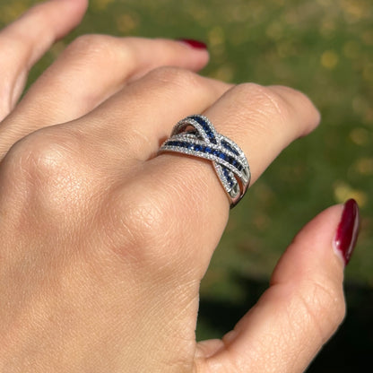 Estate 14KT White Gold Round Blue Sapphire & Diamond Effy Freeform Ring