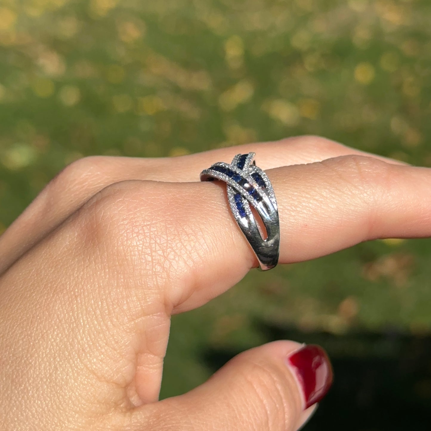 Estate 14KT White Gold Round Blue Sapphire & Diamond Effy Freeform Ring