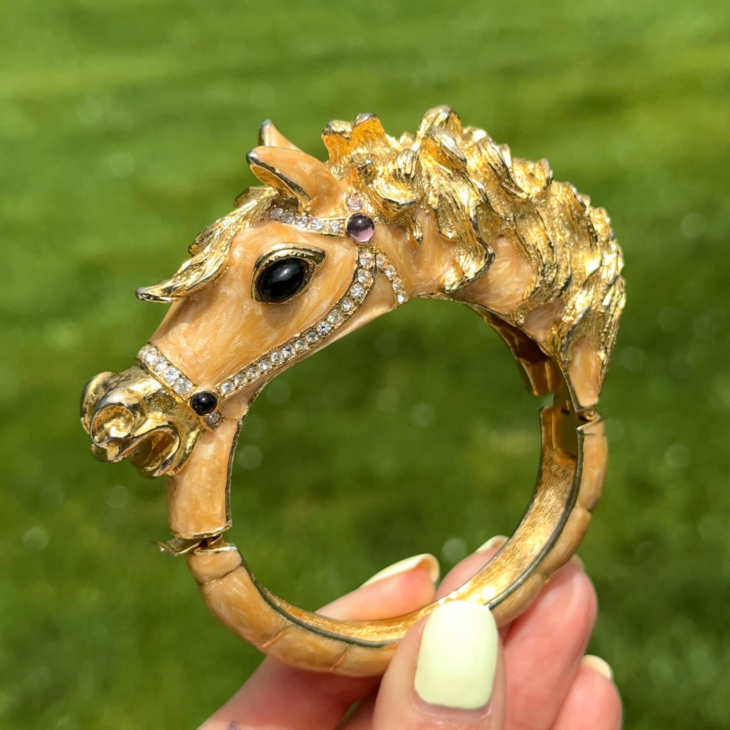 Estate Gold-Tone Enamel Gemstone Horse Head Bangle Bracelet