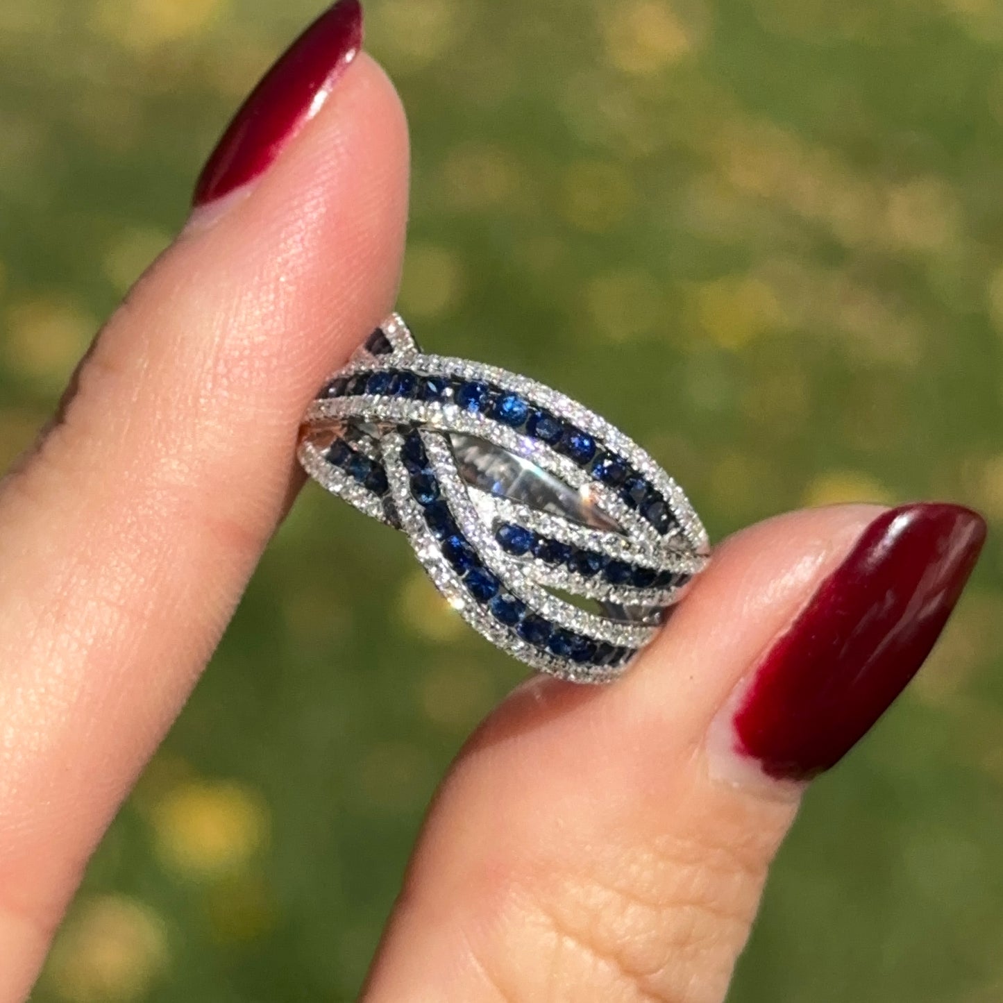 Estate 14KT White Gold Round Blue Sapphire & Diamond Effy Freeform Ring