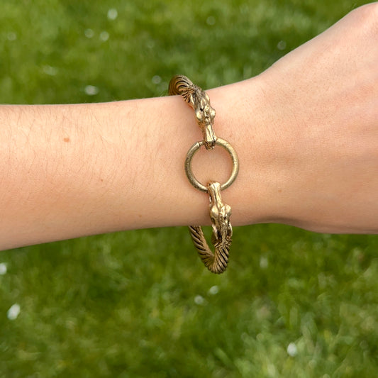 Antiqued Brass Double Horse Head + Ring Bangle Bracelet - LSJ