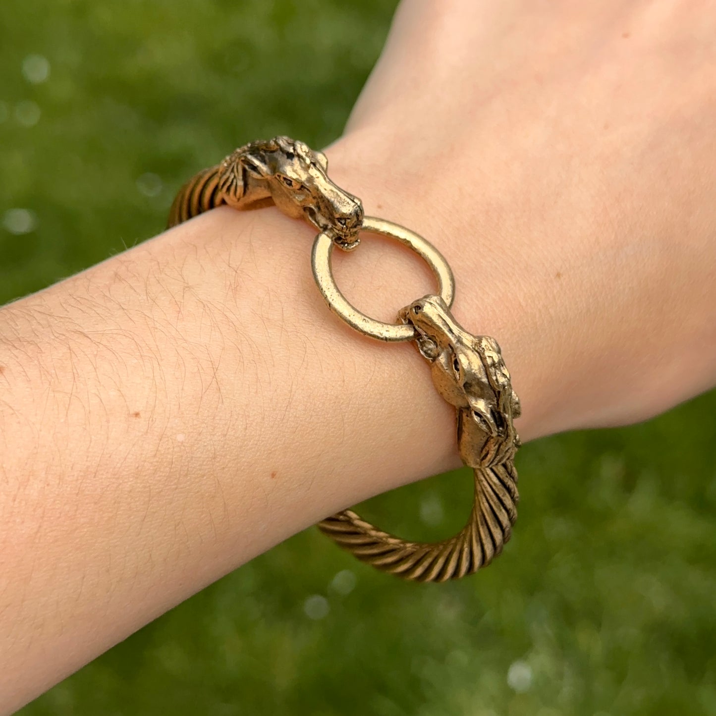 Antiqued Brass Double Horse Head + Ring Bangle Bracelet - LSJ