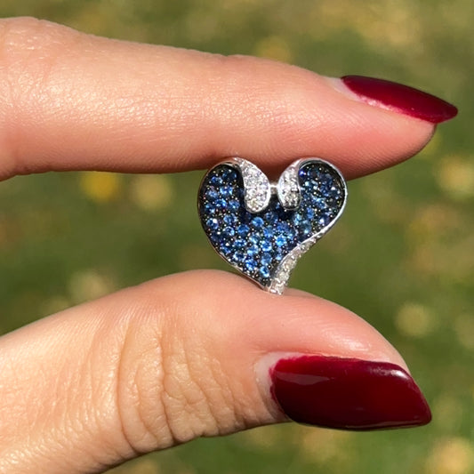 Estate 14K White Gold Black Rhodium Plated Blue Sapphire + Diamond Pave Heart Pendant