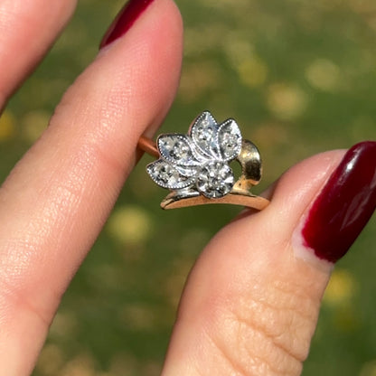 Estate 14KT Yellow + White Gold Round Diamond Leaf Style Ring
