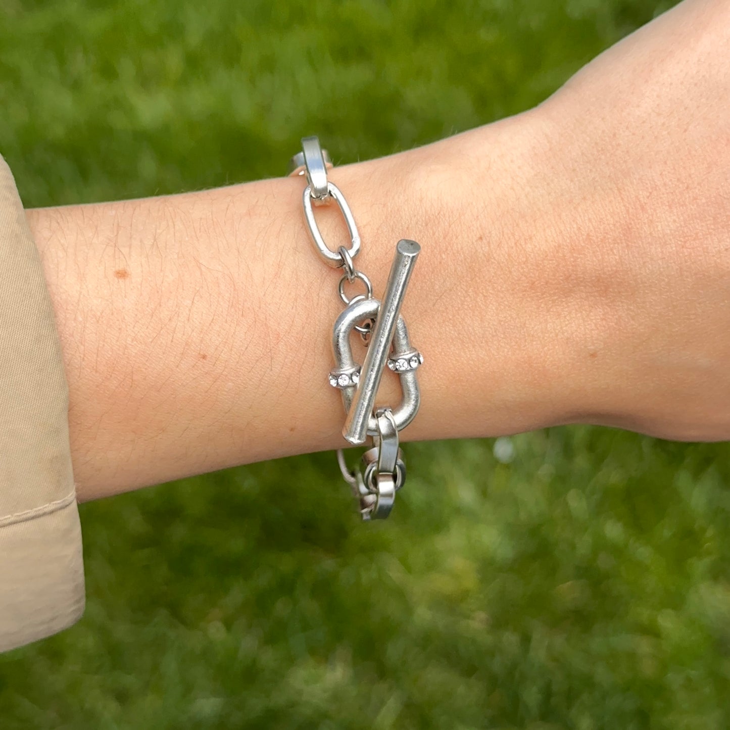 Silver Plated Brass Crystal Carabiner Toggle Chain Bracelet