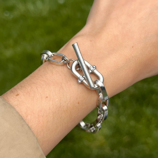 Silver Plated Brass Crystal Carabiner Toggle Chain Bracelet