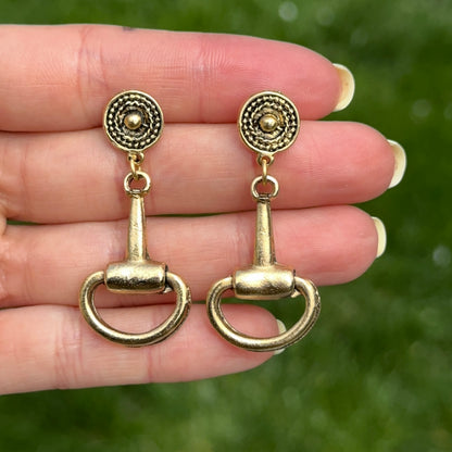 Brass Horse Bit Post Drop Earrings