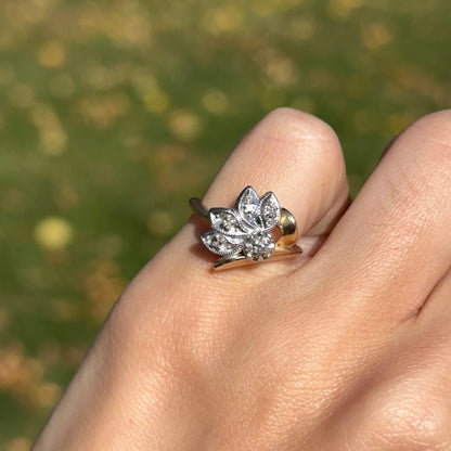 Estate 14KT Yellow + White Gold Round Diamond Leaf Style Ring