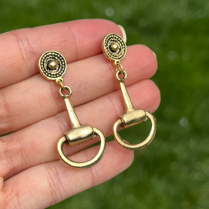 Brass Horse Bit Post Drop Earrings