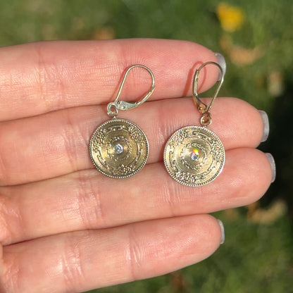 Estate 14KT Yellow Gold Round Diamond Circle Floral Drop Earrings