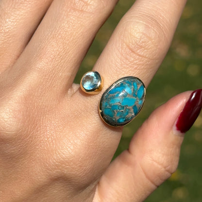 Yellow Gold-Plated Oblong Turquoise + Round Blue Topaz Bezel Ring