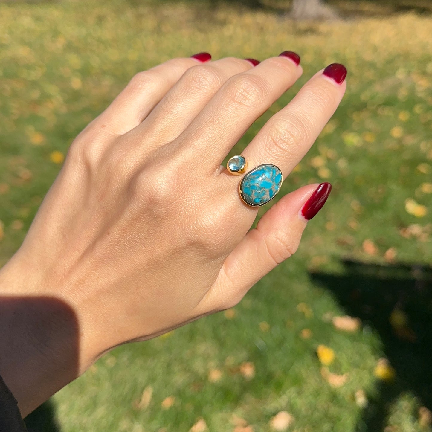 Yellow Gold-Plated Oblong Turquoise + Round Blue Topaz Bezel Ring