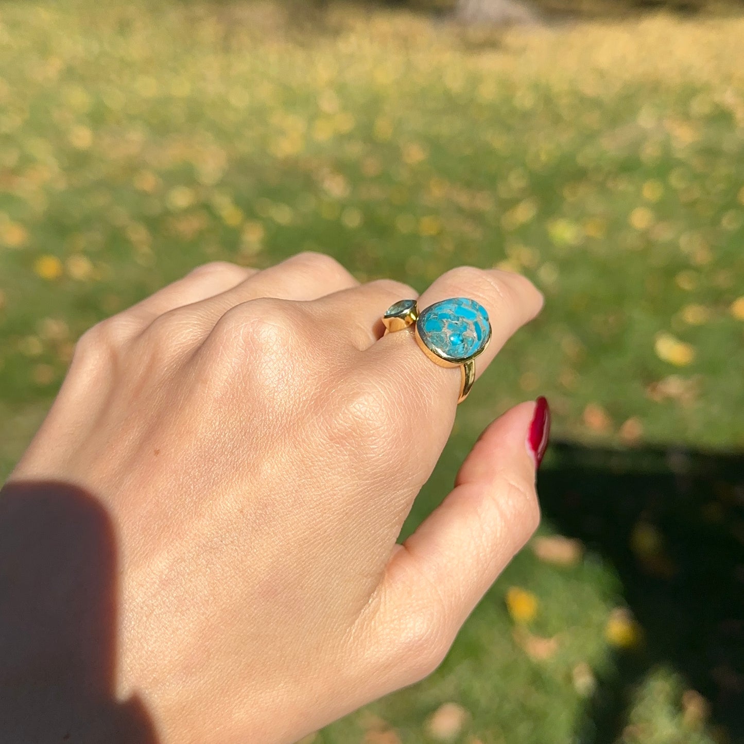 Yellow Gold-Plated Oblong Turquoise + Round Blue Topaz Bezel Ring