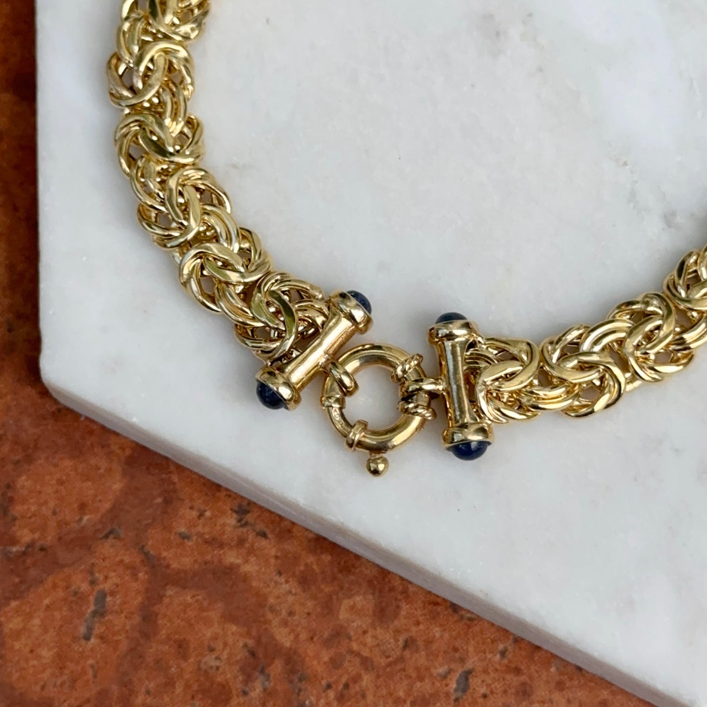 Estate 14KT Yellow Gold Byzantine Link Blue Sapphire Toggle Clasp Necklace